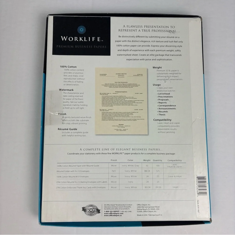 Worklife Cotton Resume Paper 32 lb Ivory Finely Texture Woven Finish 8.5x11